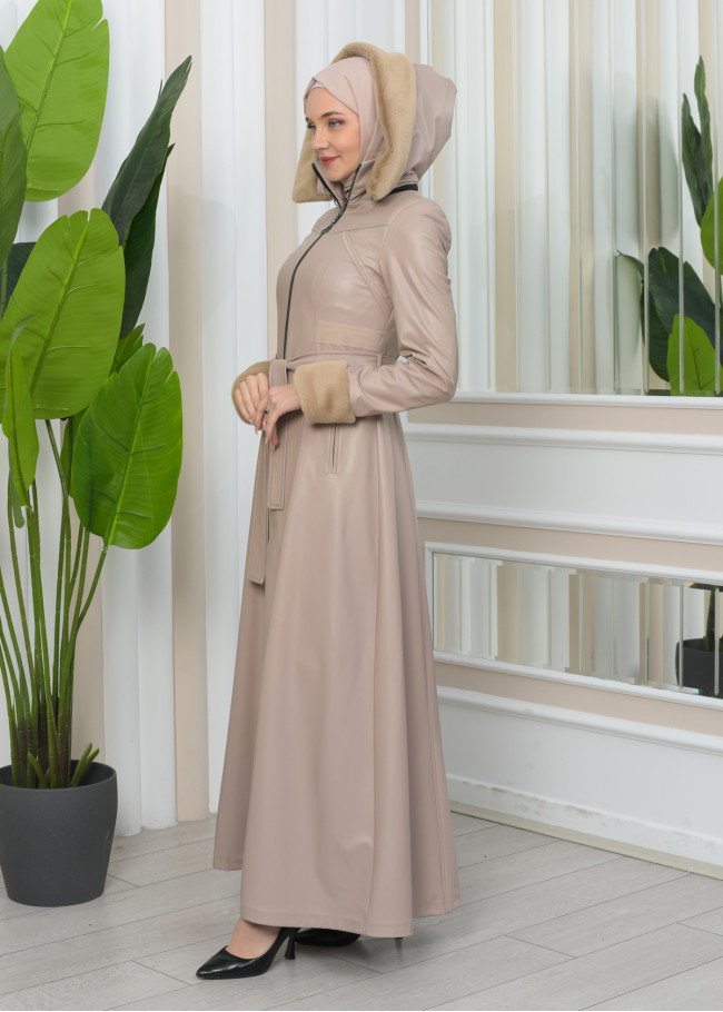 FUR HOODED ZIPPERED Faux Leather Hijab Topcoat 1345 Bej