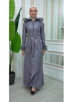 مانطو نسائي جلد شتوي فاخر مع كبيشون فرو قابلة للإزالة 1345 - فضي