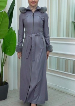 مانطو نسائي جلد شتوي فاخر مع كبيشون فرو قابلة للإزالة 1345 - فضي