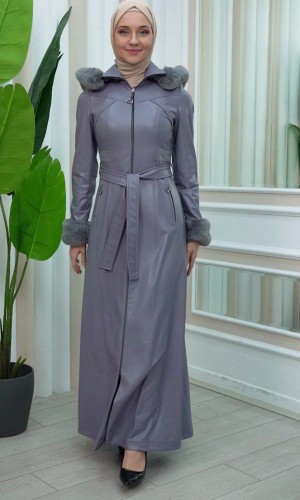 مانطو نسائي جلد شتوي فاخر مع كبيشون فرو قابلة للإزالة 1345 - فضي