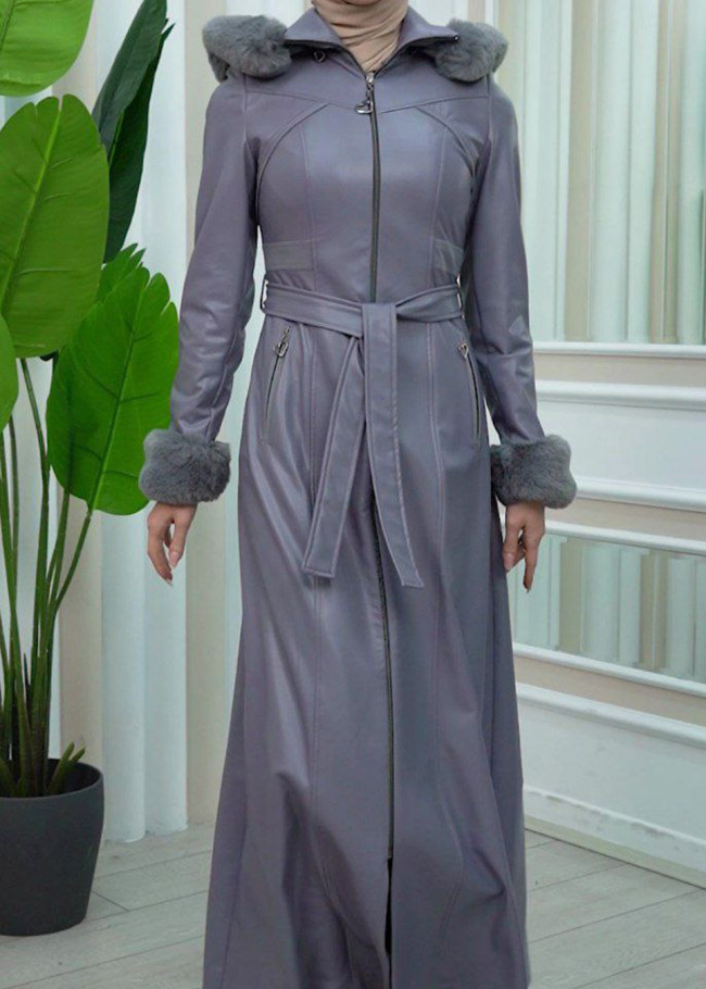 مانطو نسائي جلد شتوي فاخر مع كبيشون فرو قابلة للإزالة 1345 Gri