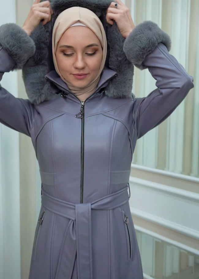 مانطو نسائي جلد شتوي فاخر مع كبيشون فرو قابلة للإزالة 1345 Gri