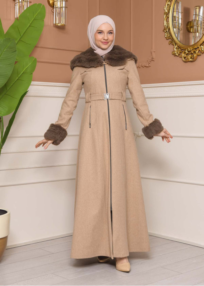 مانطو جوخ نسائي شتوي فرو فاخر 1343  - بيج