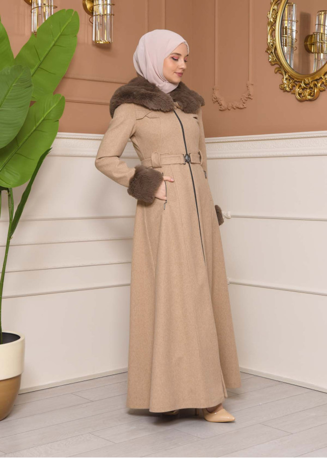 مانطو جوخ نسائي شتوي فرو فاخر 1343  - بيج