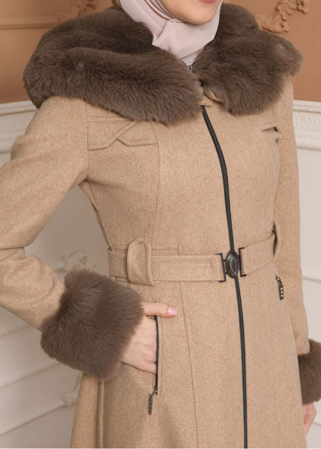 مانطو جوخ نسائي شتوي فرو فاخر 1343  - بيج