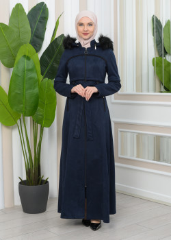 مانطو نسائي شاموا شتوي مع كبيشون فرو قابلة للإزالة  1346 - كحلي