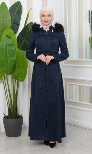 مانطو نسائي شاموا شتوي مع كبيشون فرو قابلة للإزالة  1346 - كحلي