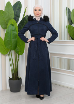 مانطو نسائي شاموا شتوي مع كبيشون فرو قابلة للإزالة  1346 - كحلي