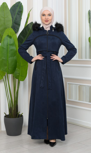 مانطو نسائي شاموا شتوي مع كبيشون فرو قابلة للإزالة  1346 - كحلي