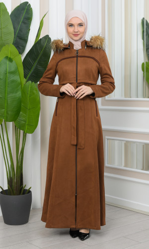 مانطو نسائي شاموا شتوي مع كبيشون فرو قابلة للإزالة  1346 - ترابي