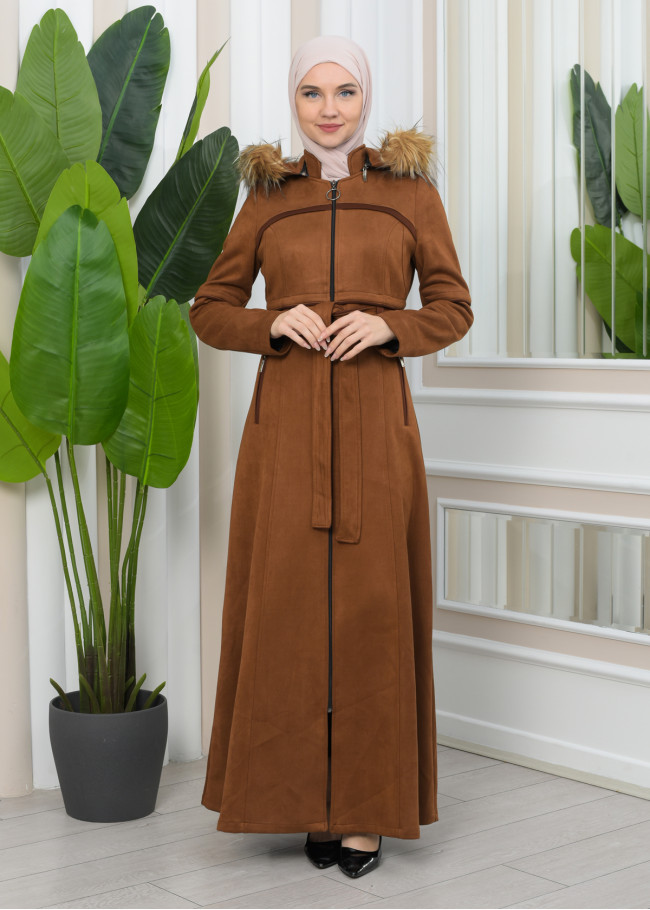 FUR HOODED BELT SUEDE HIJAB COVERCOAT 1346 taba