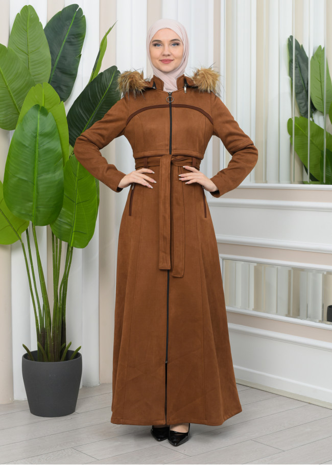 FUR HOODED BELT SUEDE HIJAB COVERCOAT 1346 taba