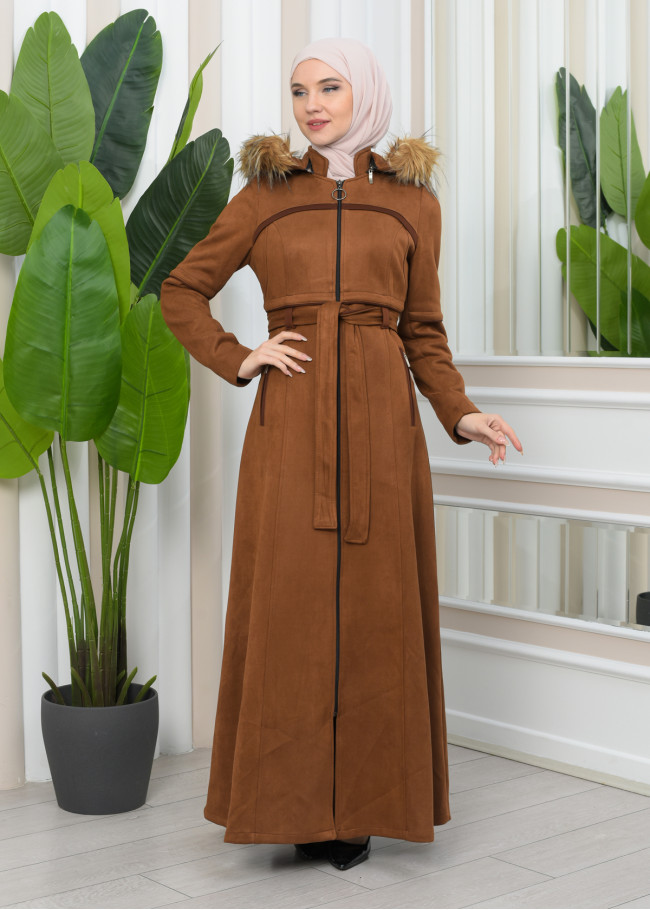 FUR HOODED BELT SUEDE HIJAB COVERCOAT 1346 taba