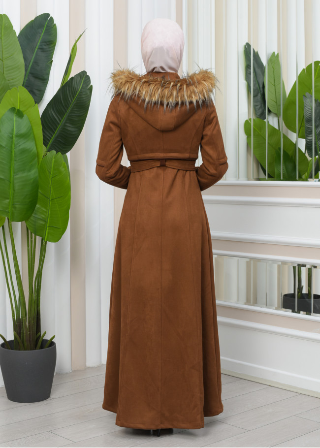 FUR HOODED BELT SUEDE HIJAB COVERCOAT 1346 taba