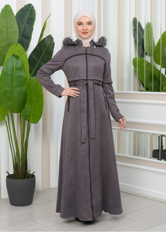 FUR HOODED BELT SUEDE HIJAB COVERCOAT 1346 Gri