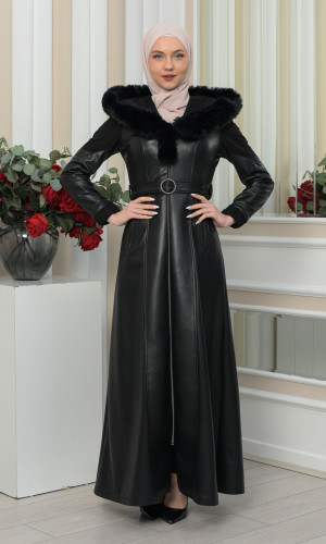 مانطو جلد نسائي شتوي مع كابيشون فرو 1348 - اسود