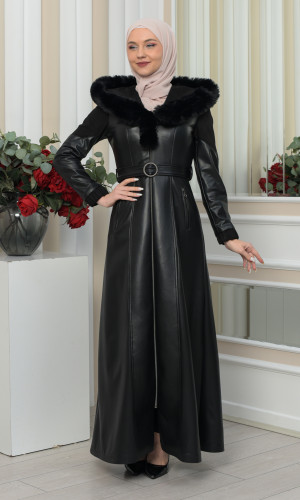 مانطو جلد نسائي شتوي مع كابيشون فرو 1348 - اسود