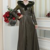 FUR HOODED BELT HIJAB LEATHER COAT 1348 - khaki
