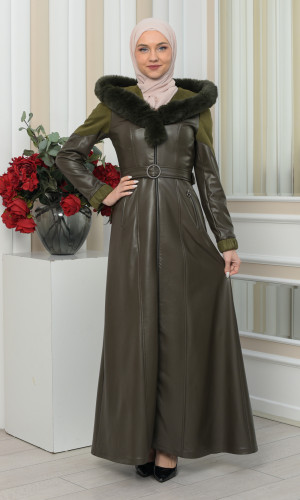 مانطو جلد نسائي شتوي مع كابيشون فرو 1348 - زيتي