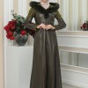 FUR HOODED BELT HIJAB LEATHER COAT 1348 - khaki