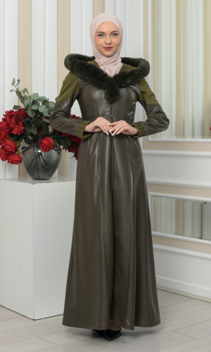 مانطو جلد نسائي شتوي مع كابيشون فرو 1348 - زيتي