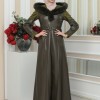FUR HOODED BELT HIJAB LEATHER COAT 1348 - khaki