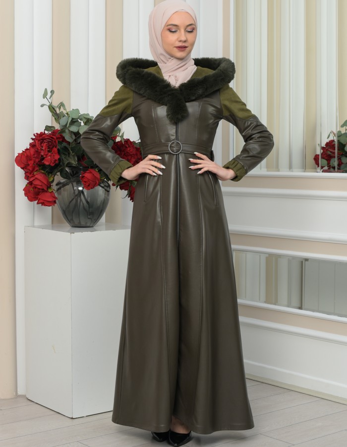 FUR HOODED BELT HIJAB LEATHER COAT 1348 - khaki