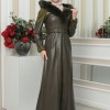 FUR HOODED BELT HIJAB LEATHER COAT 1348 - khaki