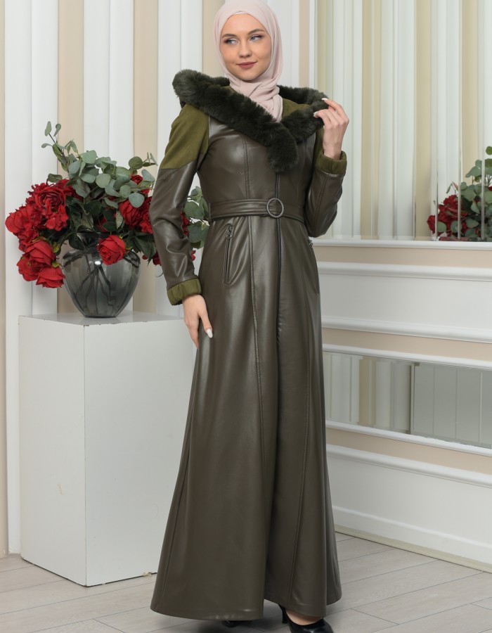 FUR HOODED BELT HIJAB LEATHER COAT 1348 - khaki