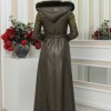FUR HOODED BELT HIJAB LEATHER COAT 1348 - khaki