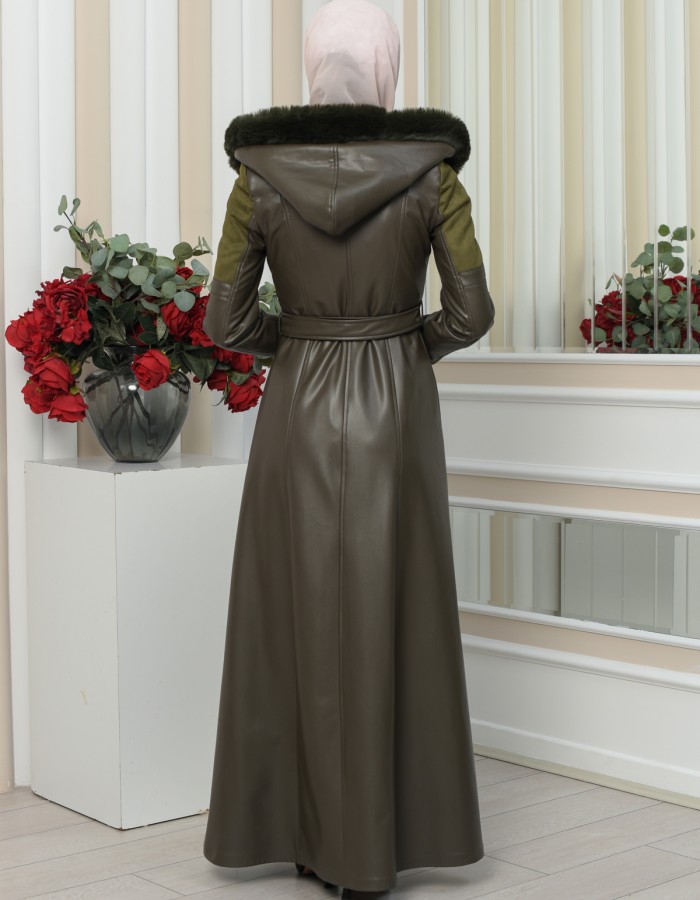 FUR HOODED BELT HIJAB LEATHER COAT 1348 - khaki