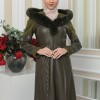 FUR HOODED BELT HIJAB LEATHER COAT 1348 - khaki