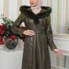 FUR HOODED BELT HIJAB LEATHER COAT 1348 - khaki