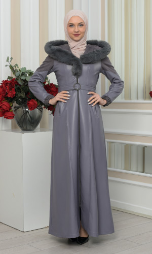 مانطو جلد نسائي شتوي مع كابيشون فرو 1348 - فضي