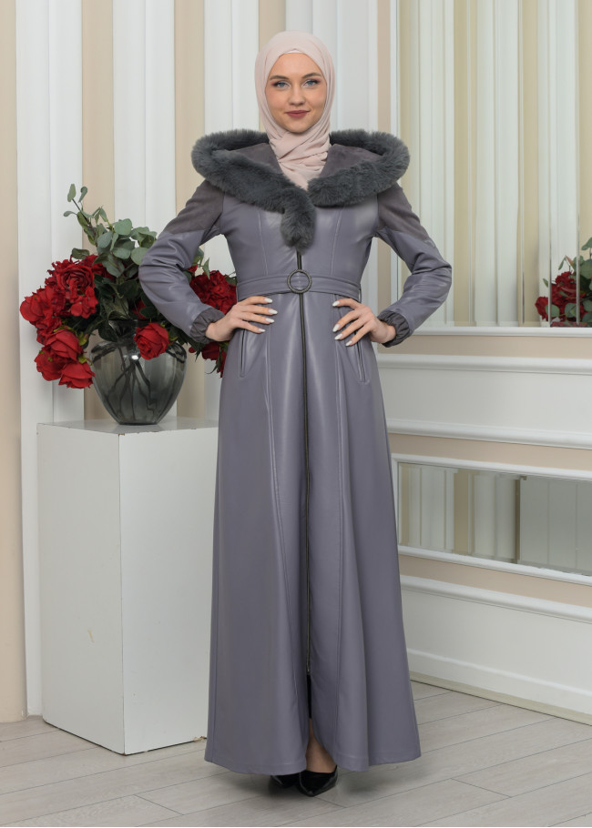 FUR HOODED BELT HIJAB LEATHER COAT 1348 Gri