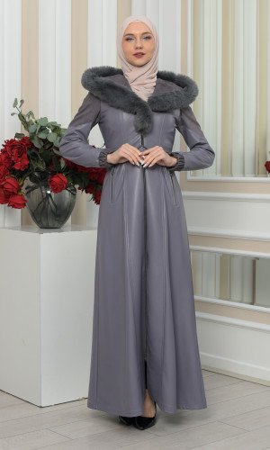 مانطو جلد نسائي شتوي مع كابيشون فرو 1348 - فضي