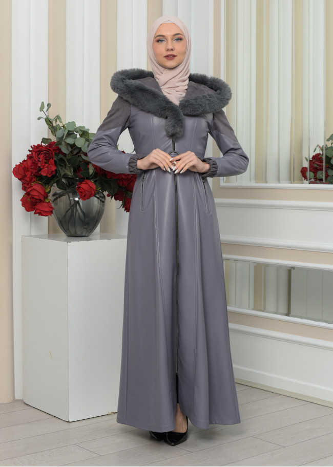 FUR HOODED BELT HIJAB LEATHER COAT 1348 Gri