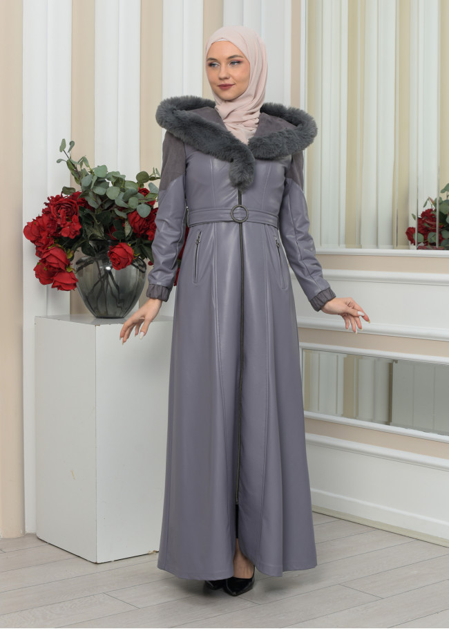 FUR HOODED BELT HIJAB LEATHER COAT 1348 Gri