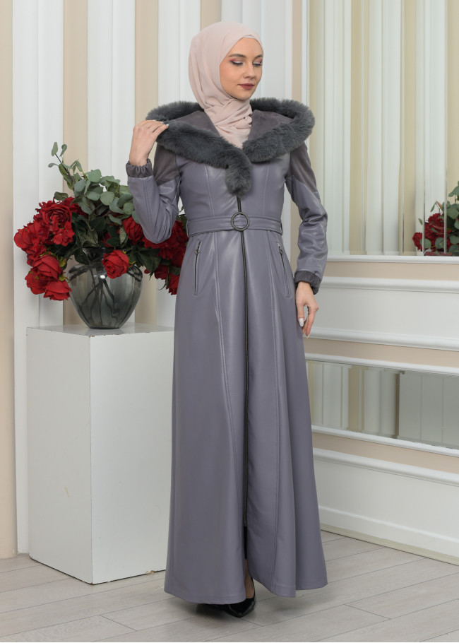 FUR HOODED BELT HIJAB LEATHER COAT 1348 Gri