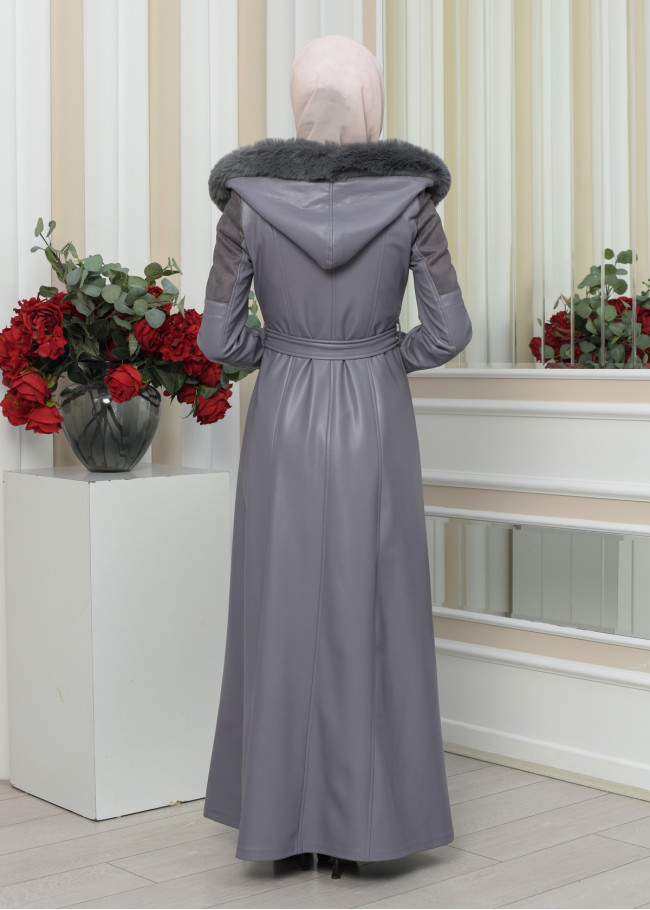 FUR HOODED BELT HIJAB LEATHER COAT 1348 Gri