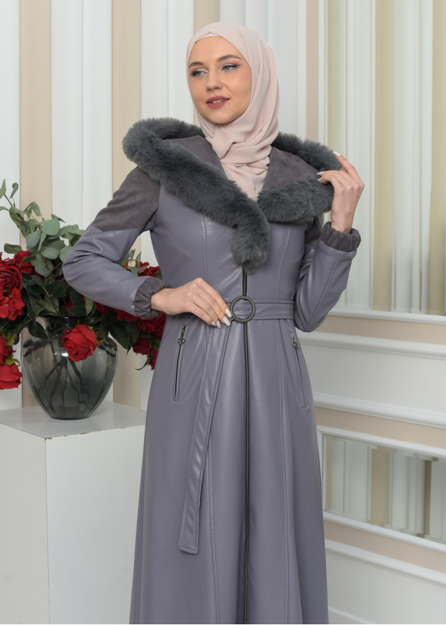 FUR HOODED BELT HIJAB LEATHER COAT 1348 Gri