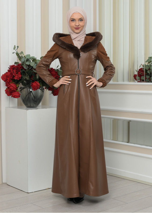 FUR HOODED BELT HIJAB LEATHER COAT 1348 taba