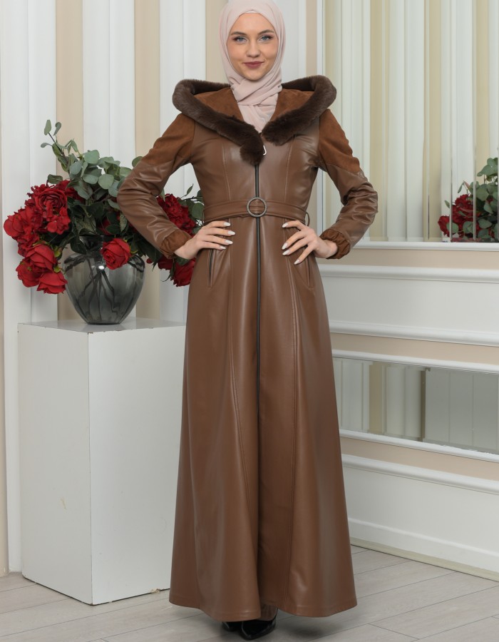 FUR HOODED BELT HIJAB LEATHER COAT 1348 - tan