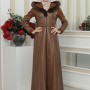Women's Winter Long Leather Trenchcoat with Suede Details and Fur Collar 1348 - tan