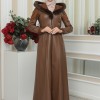 FUR HOODED BELT HIJAB LEATHER COAT 1348 - tan