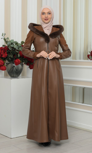 مانطو جلد نسائي شتوي مع كابيشون فرو 1348 - ترابي