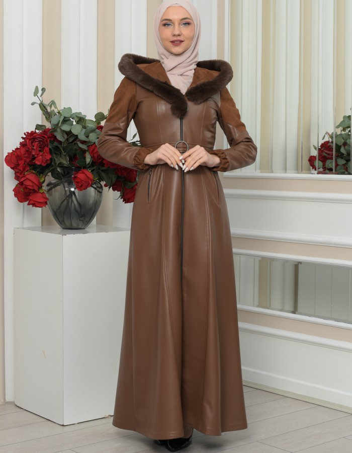 FUR HOODED BELT HIJAB LEATHER COAT 1348 - tan
