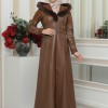 FUR HOODED BELT HIJAB LEATHER COAT 1348 - tan