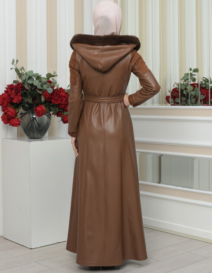 FUR HOODED BELT HIJAB LEATHER COAT 1348 - tan
