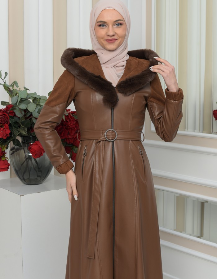 FUR HOODED BELT HIJAB LEATHER COAT 1348 - tan